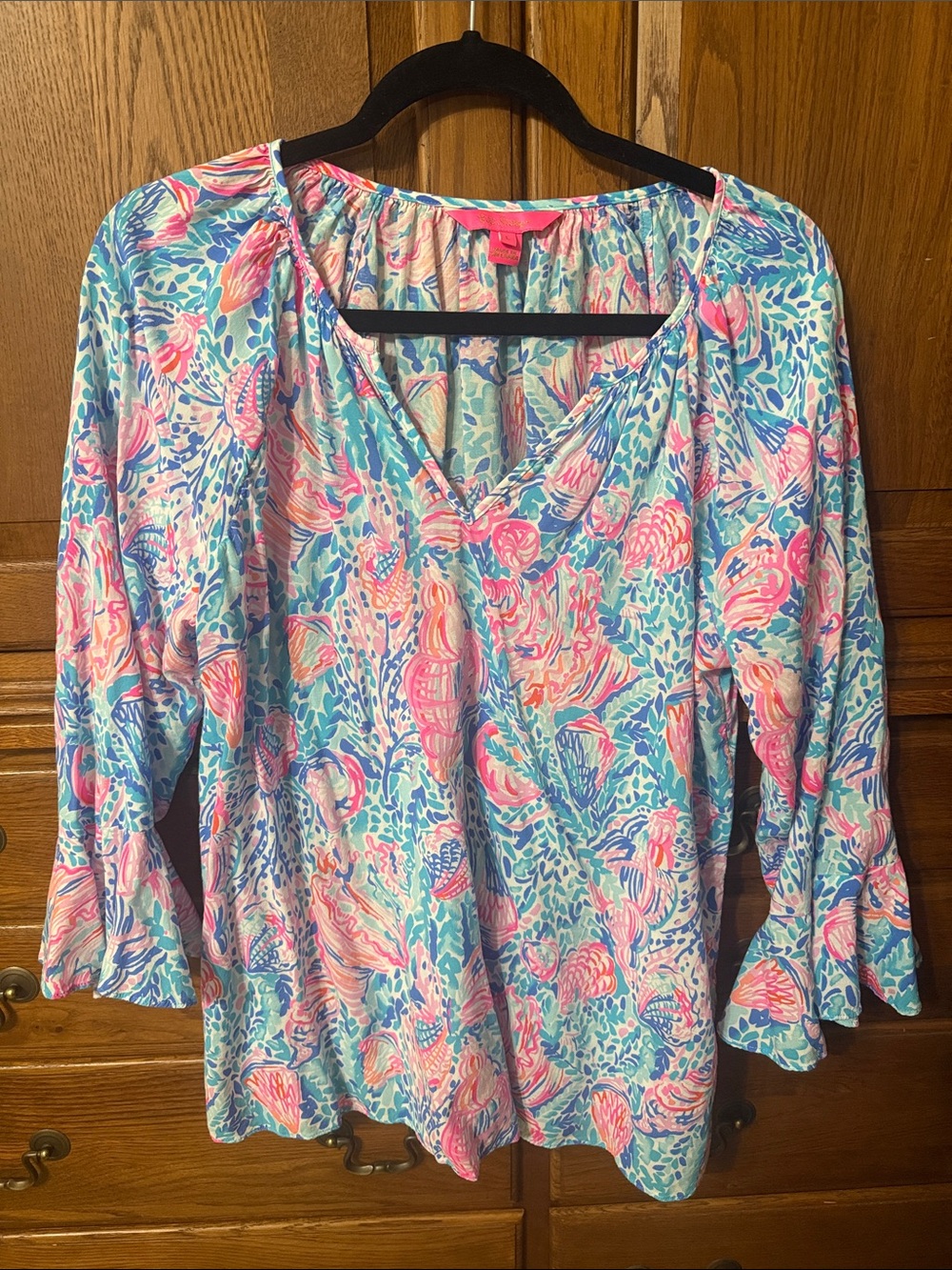Lilly Pulitzer Pink & Aqua Floral V‑Neck Blouse